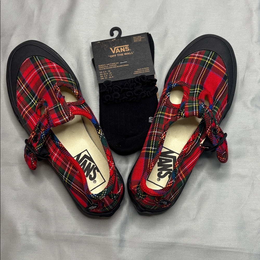 Vans Red Plaid Mary Jane Shoes & Vans Black Ruffle Half Crew 🧦